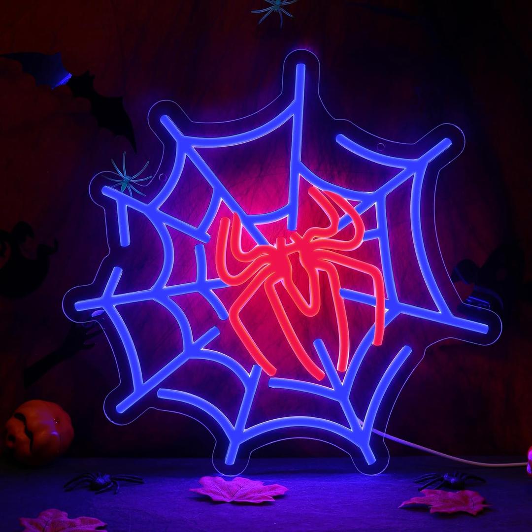 Halloween Spider Web Sign,LED Halloween Spider Web Neon Sign USB Powered,Acrylic Light Up Halloween Room Decor Neon Light Signs,Neon Signs for Wall Decor for Bedroom,Dining Room,Living Room,Bar,Party,Halloween Spider Decorations