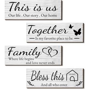 4 Pieces Wooden Home Wall Art Decor, Rustic, Farmhouse THIS IS US/TOGETHER/BLESS THIS HOME/FAMILY Decor Signs For Living Room Bedroom, 4.7 x 13.8 Inch(White)