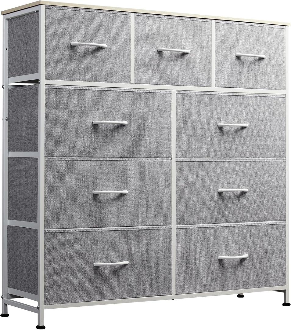WLIVE 9-Drawer Dresser, Fabric Storage Tower for Bedroom, Hallway, Entryway, Closet, Tall Chest Organizer Unit with Fabric Bins, Steel Frame, Wood Top, Easy Pull Handle, Light Grey