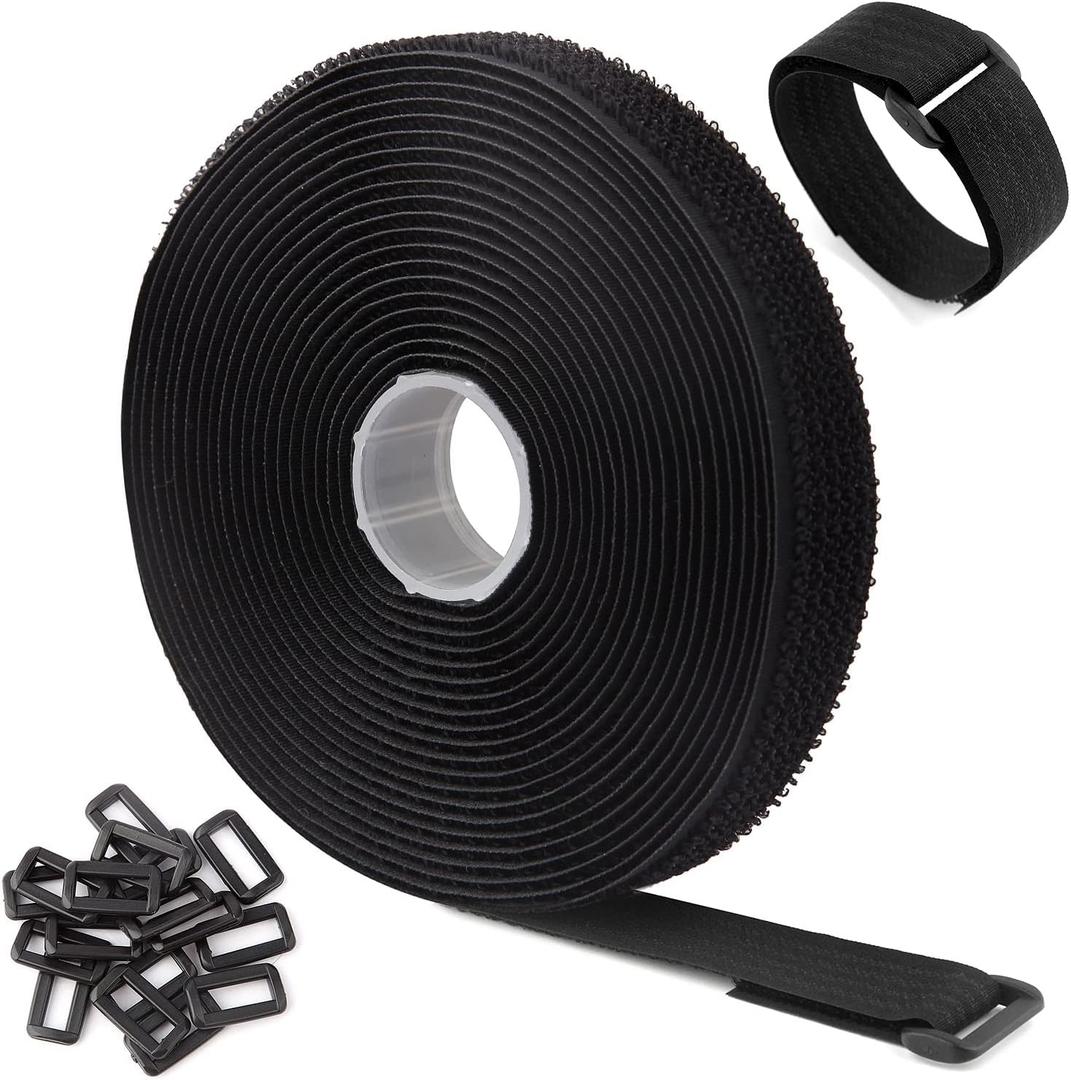16Ft x 1In Adjustable Cable Straps with 25 Buckles, Free Cut Length, Black Reusable Fastening Cable Ties, Hook and Loop Securing Strap for Cable Tidy, Wire Management, Cord Organiser, Black