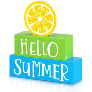 3 Pieces Summer Wooden Block Decor for Home Lemon Wooden Tiered Tray Block Decor Rustic Hello Summer Sign for Living Mantle Kitchen Table Party Decoration