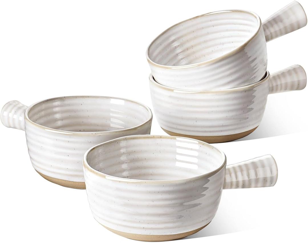 LE TAUCI French Onion Soup Bowls, 18 Ounce Soup Bowls With Handles for Chili, Beef Stew, Onion Soup Crocks Microwave Dishwasher Oven Safe - 5.5 inch, Set of 4, Arctic White