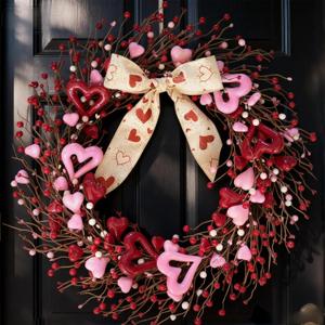 TEMPUS 22 Inch Valentine's Day Wreath for Front Door Red Pink Foam Hollow Heart-Shaped Berries Wreath with Bow Indoor Decor for Anniversary, Wedding, Romantic Gift