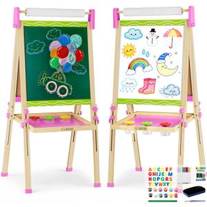 Adjustable Double-Sided Magnetic Wooden Easel for Kids with Paper Roll, 18.5 inches