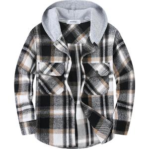 Boys Girls Casual Flannel Plaid Hoodies Fall Fashion Button Down Shirts Long Sleeve Cute Lightweight Jacket Coats (9-10 Years, Black Khaki)