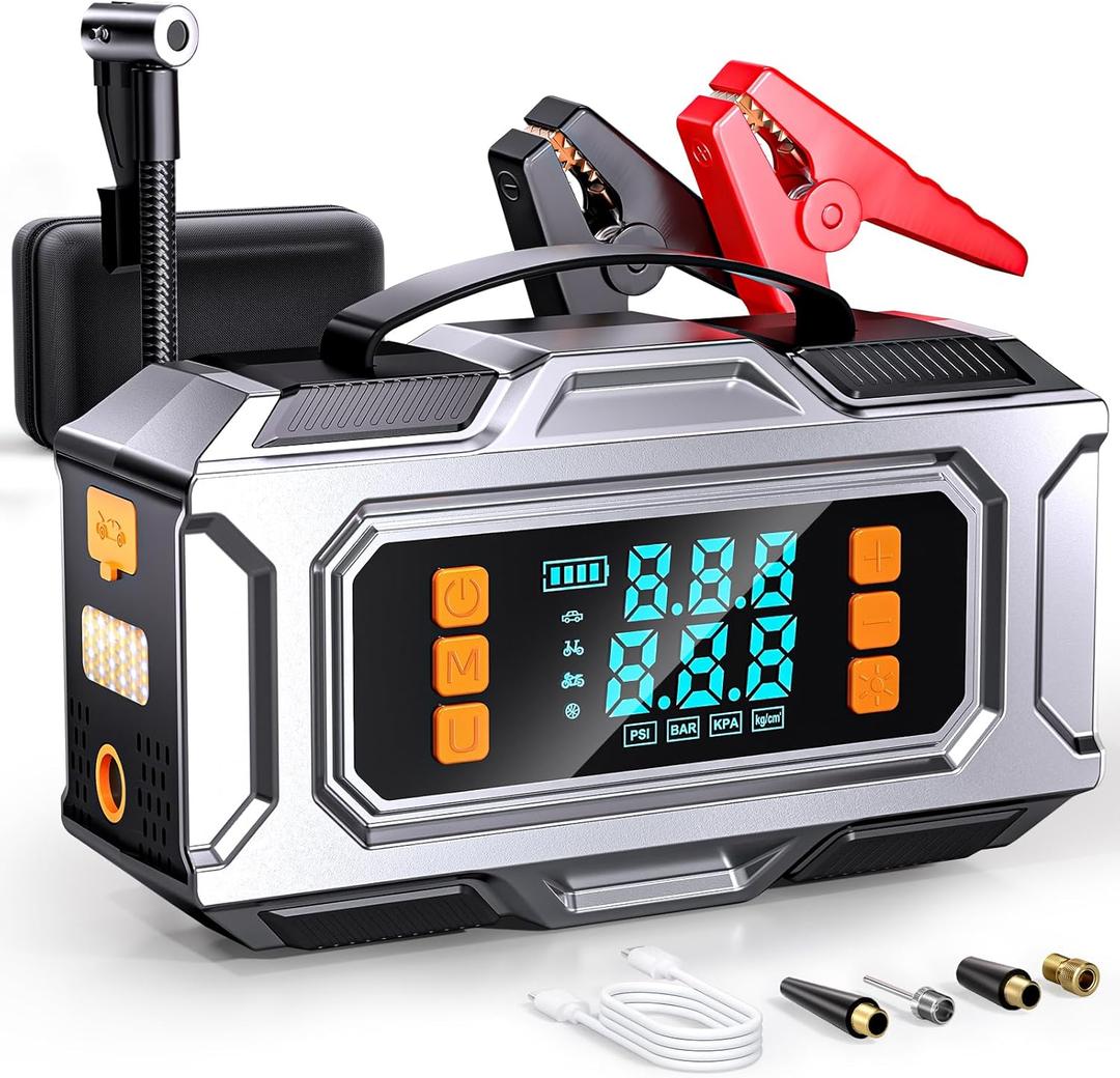 Jump Starter with Air Compressor, 8000A Car Battery Jump Starter (9.0 Gas/8.0L Diesel), 180PSI Car Battery Jumper Starter Portable 12V Jump Box with Jumper Cables, LED Light, Power Bank, LCD Display (Silver Black)