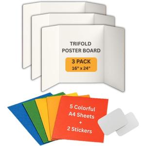 Trifold Poster Board 16"x24" 3 Pack Corrugated Display Board with Bonus 5 Colored A4 Sheets & Label, White Front Kraft Back Perfect for School Projects, Business Presentations, Science Fairs (White)