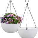 12 inch Large Hanging Planters for Indoor Outdoor Plants, 2 Pack Hanging Flower Pots with Drainage Holes and Chain for Garden Porch, Plastic Hanging Baskets for House Plants, White