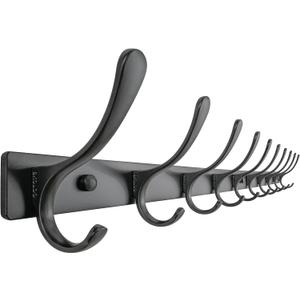 SKOLOO Coat Rack Wall Mounted - 10 Hooks, Heavy Duty, Stainless Steel, Metal Wall Hanger, Sturdy Coat Hooks for Hanging Coats, Jacket, Clothes, Hat, Black (10 Hook(1 Pack))