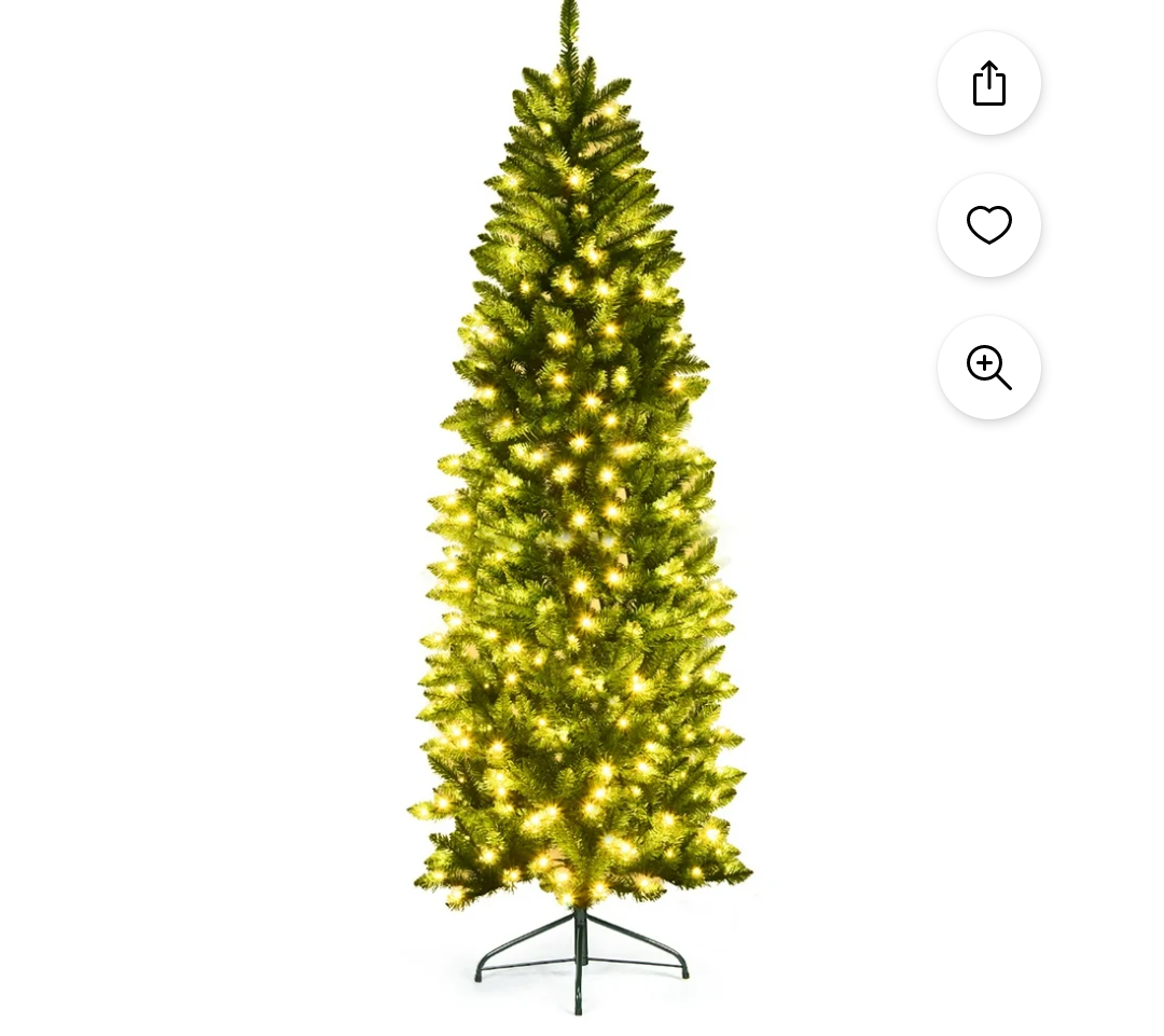 7Ft Pre-lit Artificial Pencil Christmas Tree Hinged Fir PVC Tree with 350 LED Lights