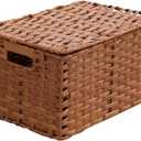 Cabilock Hollow Handle Woven Storage Basket with Lid Capacity Imitation Rattan Organizer for Home Office Kitchen Bathroom Bedroom Design for Daily Use