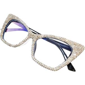 ICARA Rhinestone Cat Eye Reading Glasses Womens Cute Computer Blue Light Blocking Rhinestone Readers Glasses (White, 2.5, x)