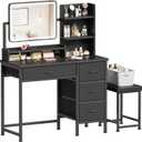 YeTom Vanity Desk with Mirror, 4 Fabric Drawers, LED Lights, Bedroom, Black, 34.3in
