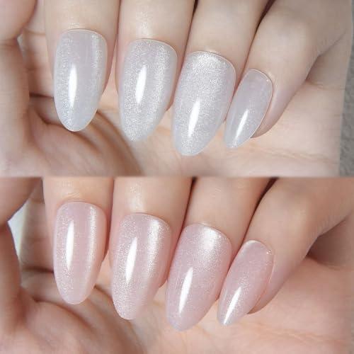 Cat Eye Press on Nails Almond Short, Cat Eye Stick on Nails Press on, Pearl White Nude Pink Glitter Short Almond Press Stick on Nail, Fake Nails Press ons with Kits, Reusable Acrylic Fake Nail Kit