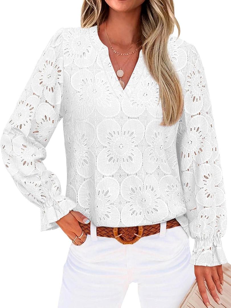 RUMIA Womens Blouses V Neck Eyelet Lace Tops with Lining Dressy Sheer Long Sleeve Shirts Embroidered Blouses 2026 Fashion (Large, All White)