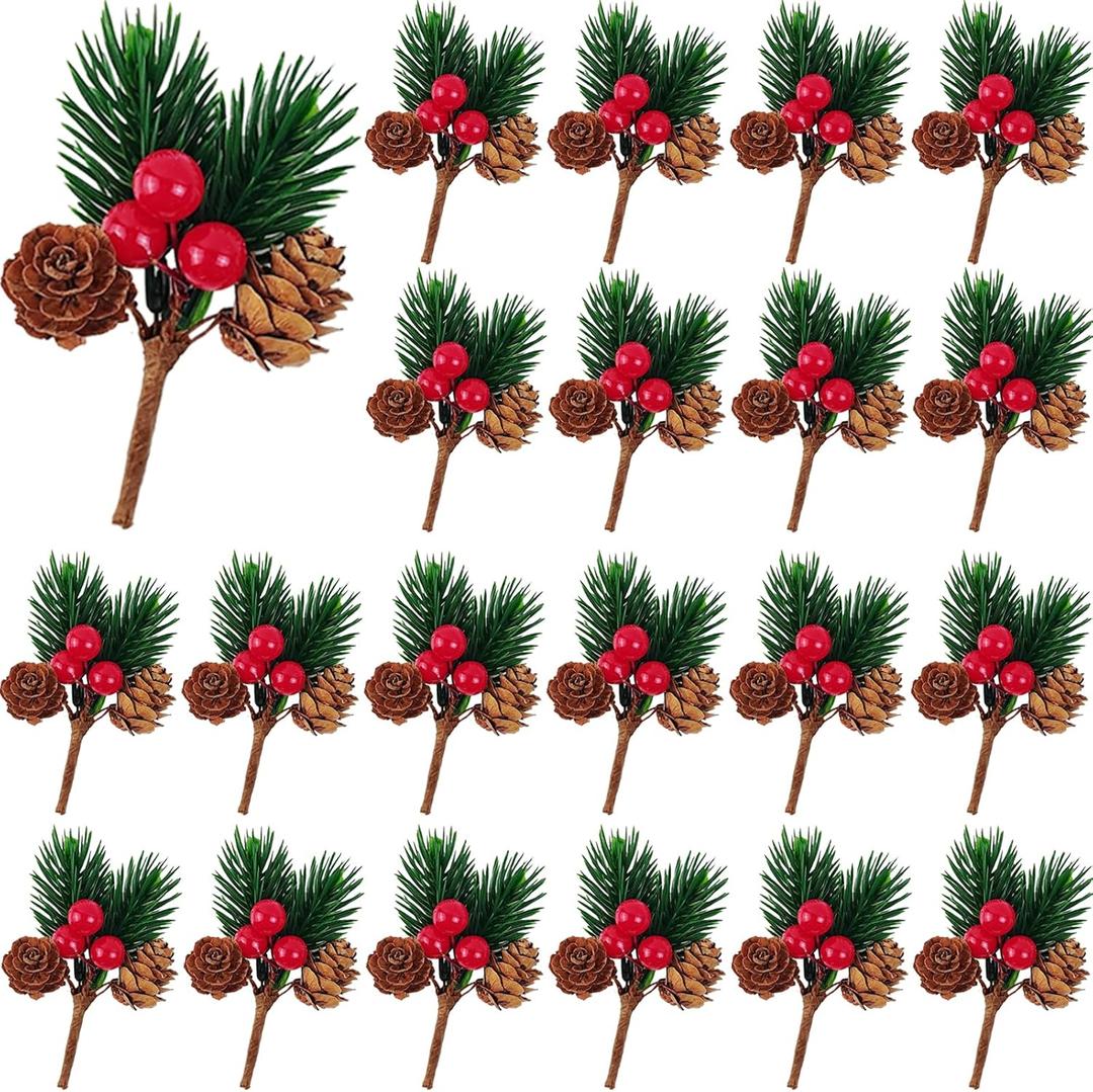 GXXMEI 30PCS Christmas Floral Picks, Pine Cone Holly Berry Stems for Crafts, Artificial Christmas Picks and Sprays, Red Berry Branches Greenery for Christmas Home Decor, Garland, Wreath