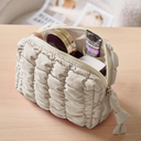 Yarnic Quilted Makeup Bag Cosmetic Bag, Travel Toiletry Bag for Women, Cute Makeup Bag Organizer Puffer Makeup Pouch (M, Beige)