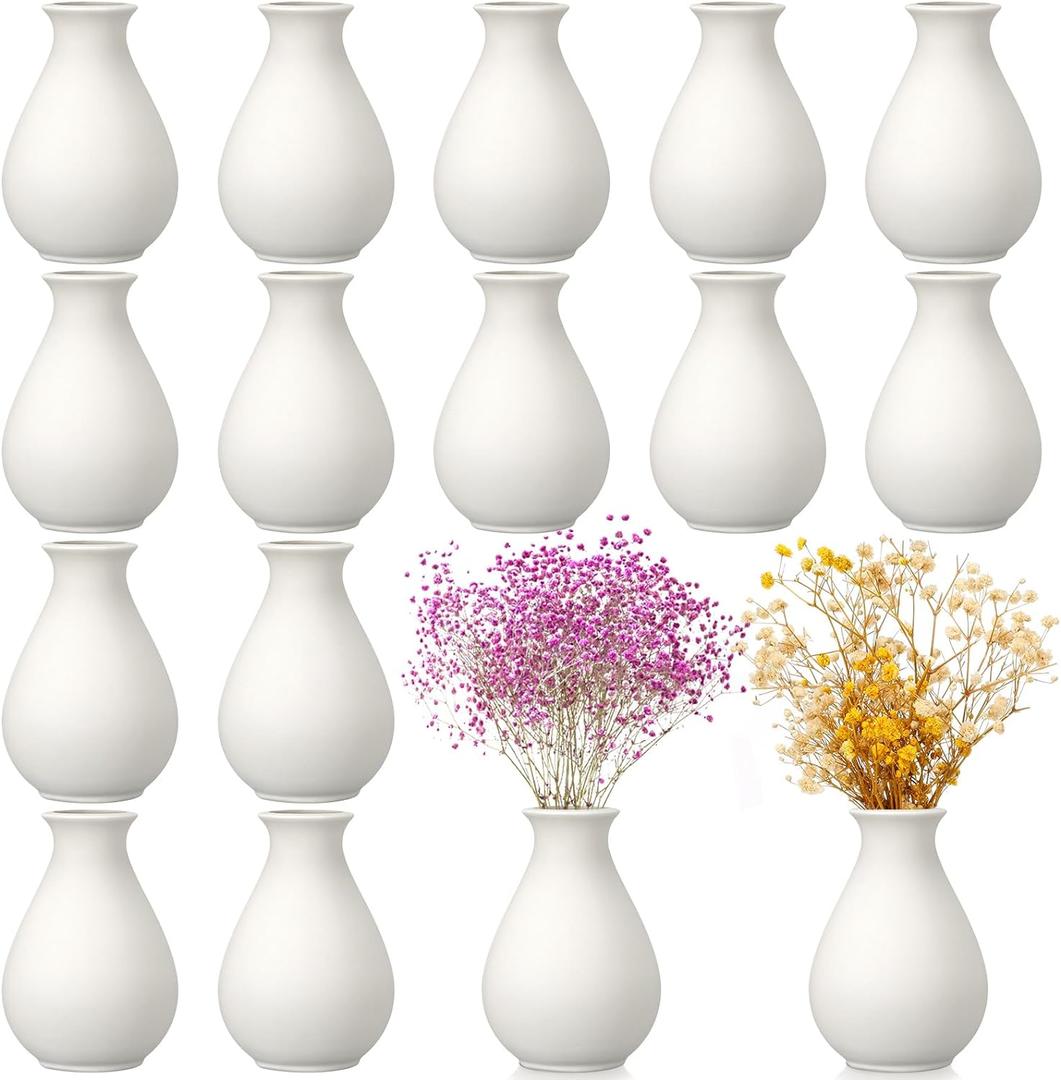 Tioncy 15 Pack White Ceramic Bud Vases Bulk 3.9 Inch Boho Small Flower Ceramic Vases for Centerpieces for Dry Flowers Pampas Garss Home Wedding Table Decor(Classic)