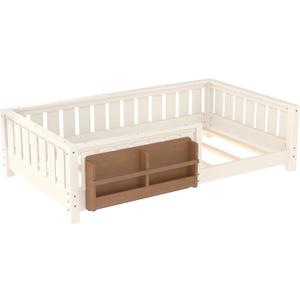 Bellemave Twin Floor Bed with Slats and Safety Guardrail, Twin Size Montessori Floor Bed with Fence and Built-in Bookshelf, Easy Assemble Montessori Beds for Kids, Girls, Boys, Beige