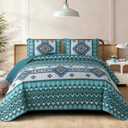 Dintszyayue Boho Quilt Set King Size, Aztec Western Teal Quilt Bedspread Set, 3 Pieces Bohemian Southwestern Stripe Bedding Set Soft Lightweight Coverlet Set for All Season