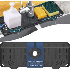 Silicone Faucet Handle Drip Catcher Tray Mat, Silicone Faucet Mat, Dish Soap Sponge Holder for Kitchen Sink Accessories, Drying Mat for Kitchen Counter & Bathroom Kitchen Sink Splash Guard (Black) (Black(1Pack): 14.25"x5.35")