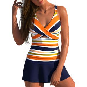 ROSEWE Two Piece Tankini Swimsuits for Women, Tummy Control Bathing Suit with Skirt, V-Neck Swimdress (Blue, L)