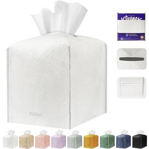 Tissue Box Holder Cover Square Tissue Cube Cover PU Leather Tissue Organizer with Bottom Belt for Bathroom, Tabletop, Kitchen, Night Stands, Office, Home, Car (1, White)