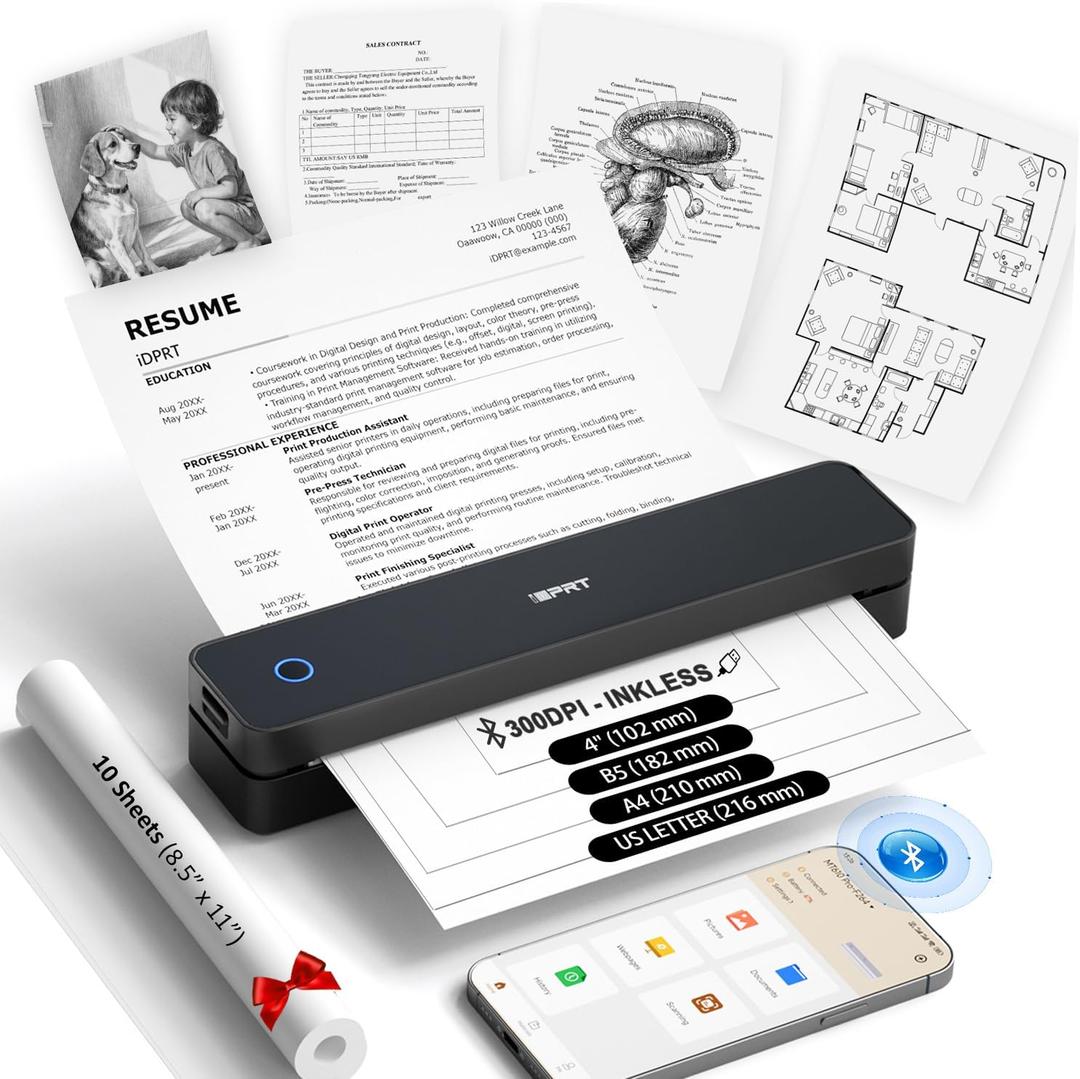 Inkless Portable Printer for Travel, 300DPI Wireless Thermal Printer Support 8.5" x 11" US Letter, A4, MT610Pro Small Bluetooth Printers Compatible with iOS, Android Laptop for Home Office Car, Black
