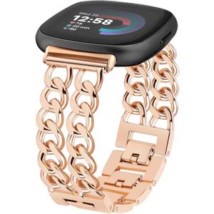 JR.DM Gold Watch Bands for Women Compatible with Fitbit Versa 4/Versa 3/Fitbit Sense 2/Sense Band Adjustable Metal Strap Cowboy Steel Chain Bracelet
