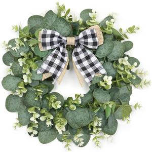 Dremisland 12" Artificial Eucalyptus Wreath with Plaid Bow | Spring Summer Green Leaf Wreath for Front Door Window Porch Farmhouse Decor Festival Celebration Home Decor (White & Black Plaid-Small)