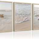 Beach Wall Art Decor Coastal Wall Art Pictures Ocean Canvas Wall Art Beige Beachy Wall Decor Boho Beach Prints Ocean Painting Coastal Artwork for Bedroom Living Room 12x16 Inch Wood Framed Set of 3