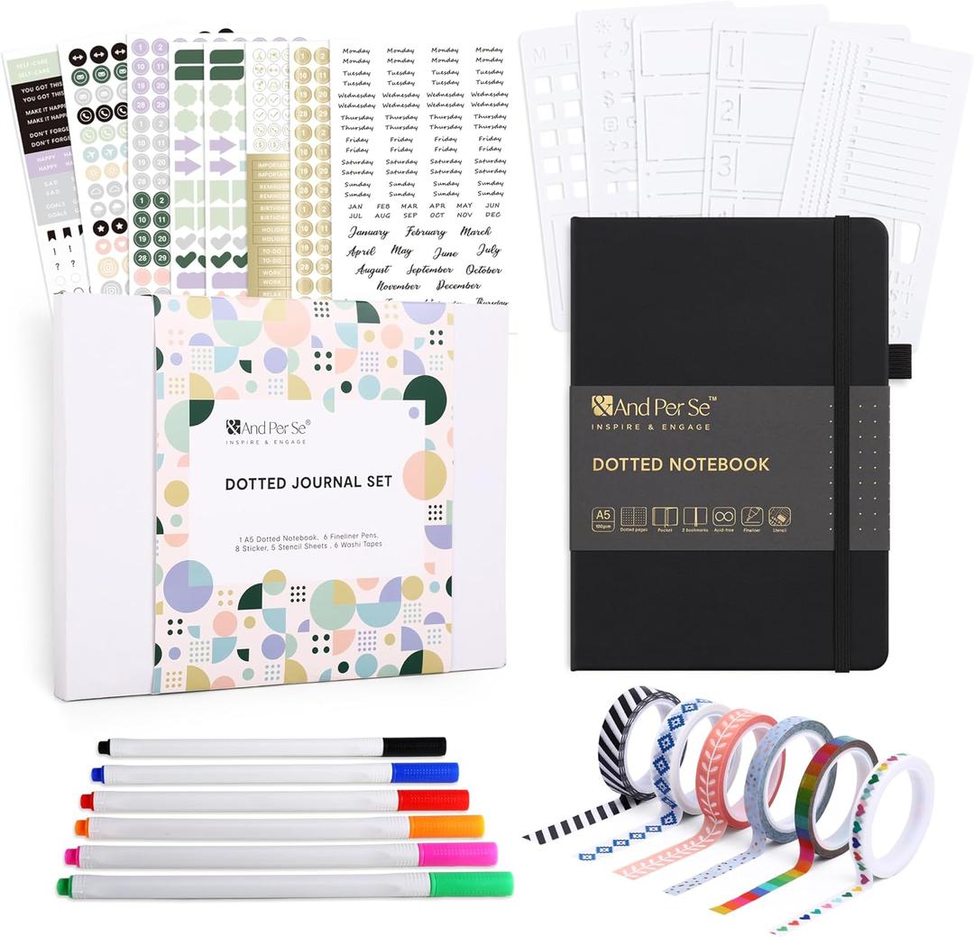 &And Per Se Dotted Journal Kit, A5 Hardcover Dot Grid Journal Notebook Set for Beginners with Journaling Supplies Stencils, Stickers, Washi Tapes & Colored Pens Accessories (Black)