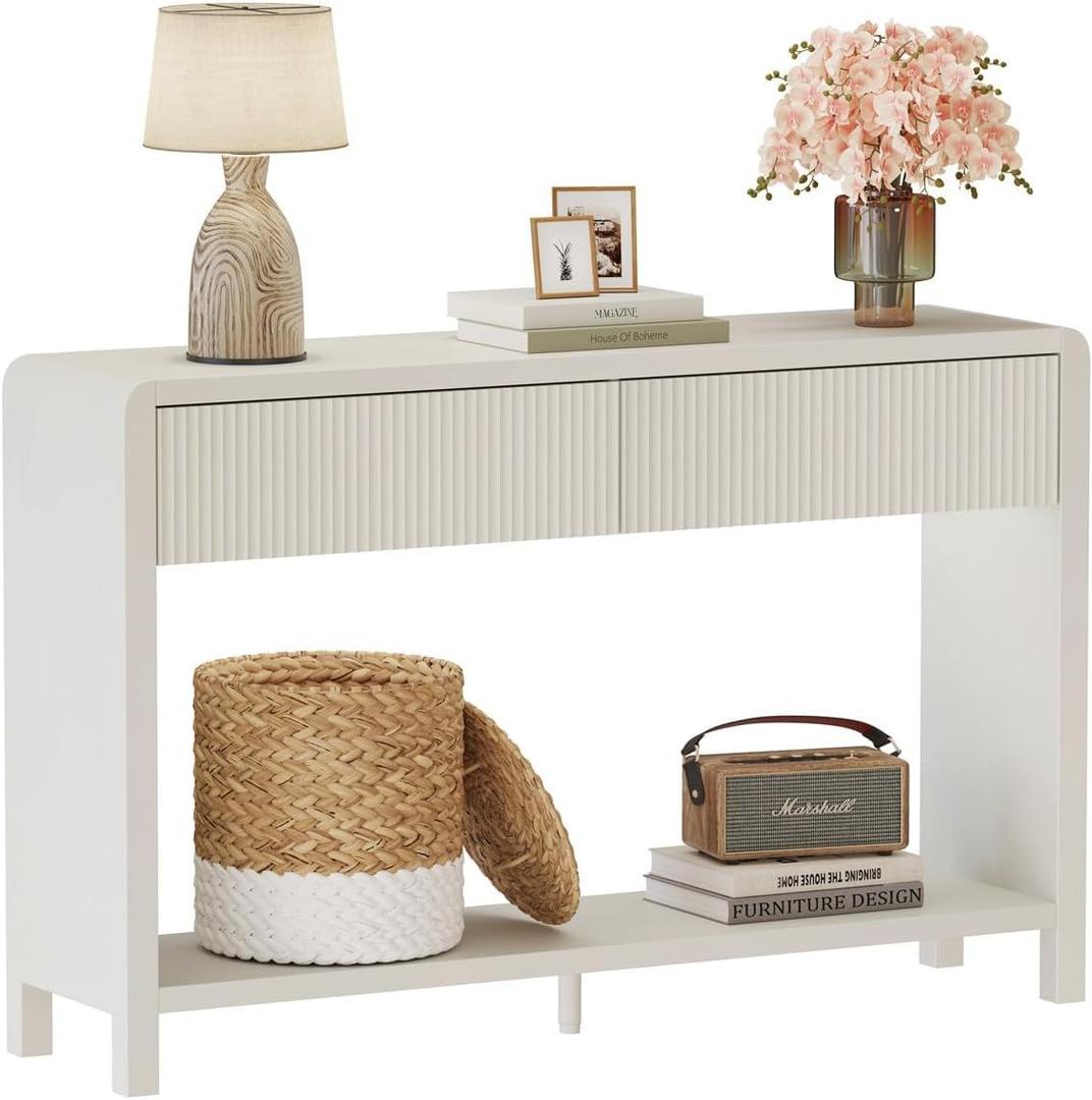 FATORRI Entryway Console Table with 2 Drawers, Modern Sofa Table for Living Room, Couch Tables Behind Sofa and Hallway Tables with Storage (47.2 inch, Antique White)