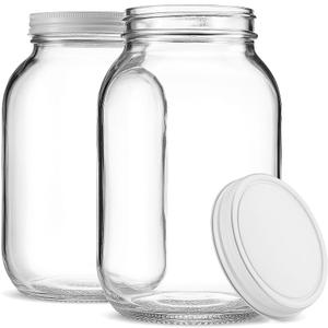 1 Gallon Glass Jar With Lid  2 Pack Large Glass Jar With Airtight Metal Lids - USDA Approved BPA-Free Dishwasher Safe, Wide Mouth Sun Tea Jar, Gallon Mason Jar for Storage, Fermenting, And Brewing