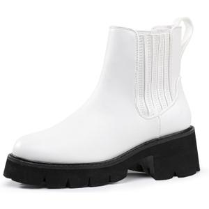 IDIFU IN2 Women's Chelsea Boots Platform Low Block Chunky Heeled Ankle Boots Round Toe Lug Sole Slip On Dress Boots Fall Work Dressy Comfortable Fashion Casual Short Booties Shoes (White)