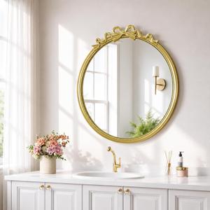 24" Round Gold Bow Mirror French Baroque Metal Frame Wall Decor