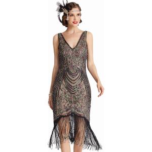 BABEYOND Flapper Dresses 1920s V Neck Beaded Fringed Great Gatsby Dress (Small, Black Apricot)