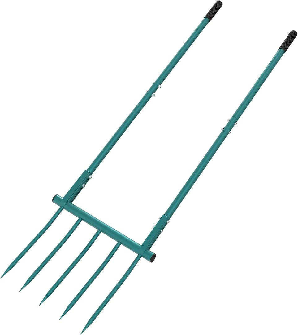 Broadfork Garden Tool Heavy Duty 5 Tines 20 in Wide Broad Fork for Gardening, 55 inch Ergonomic U-Shaped Design Hand Tiller for Cultivating, Aerate Clay Soil for Farm (Green)