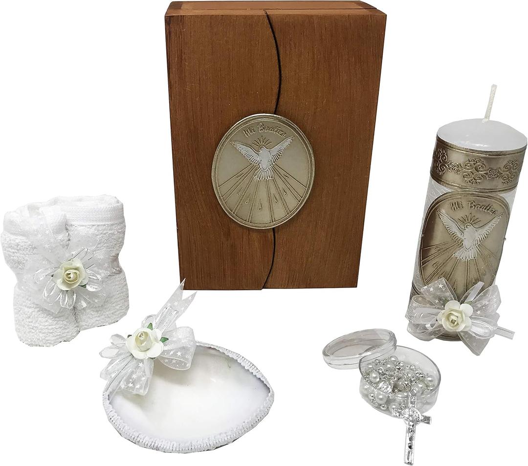 Arcangeles Mexicanos Catholic Baptism Candle Set in a Wooden Box with Towel, Candle, Rosary and Shell for Baby Boys and Girls