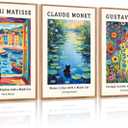 HOURIA Large Monet Water Lilies Black Cat Framed Canvas Wall Art Set, Abstract Matisse Window Black Cat Wall Decor Klimt Garden Flowers Cat Pictures Art Prints for Bedroom Living Room-16"x24"x3