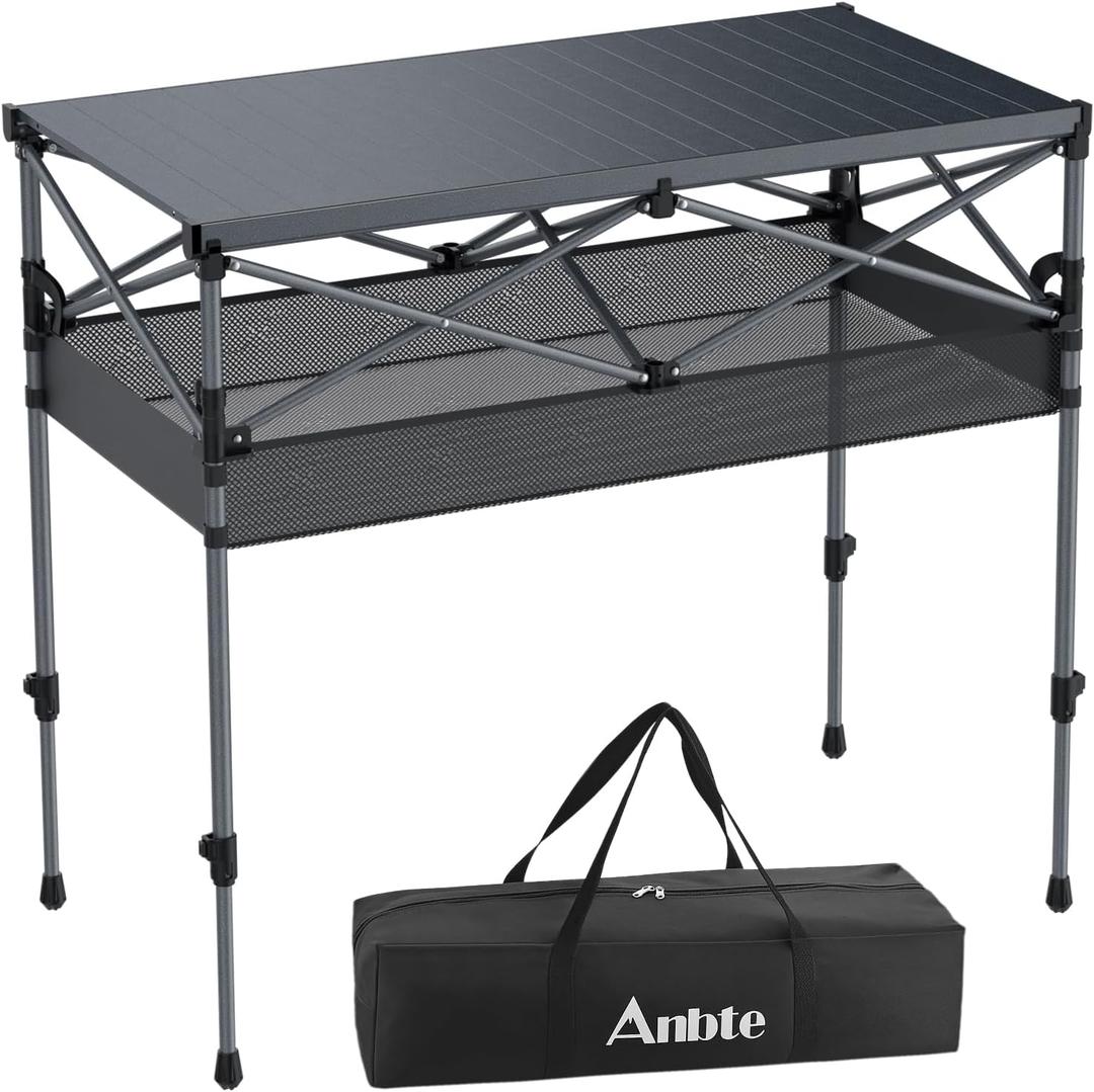 Anbte 34.2 Tall Camping Table Foldable, 2 Adjustable Height Large Roll Up Camping Table Support 264lbs with Storage Basket and Bag, Waterproof, for Travel BBQ Outdoor Patio, 39.4 x 19.7, Black
