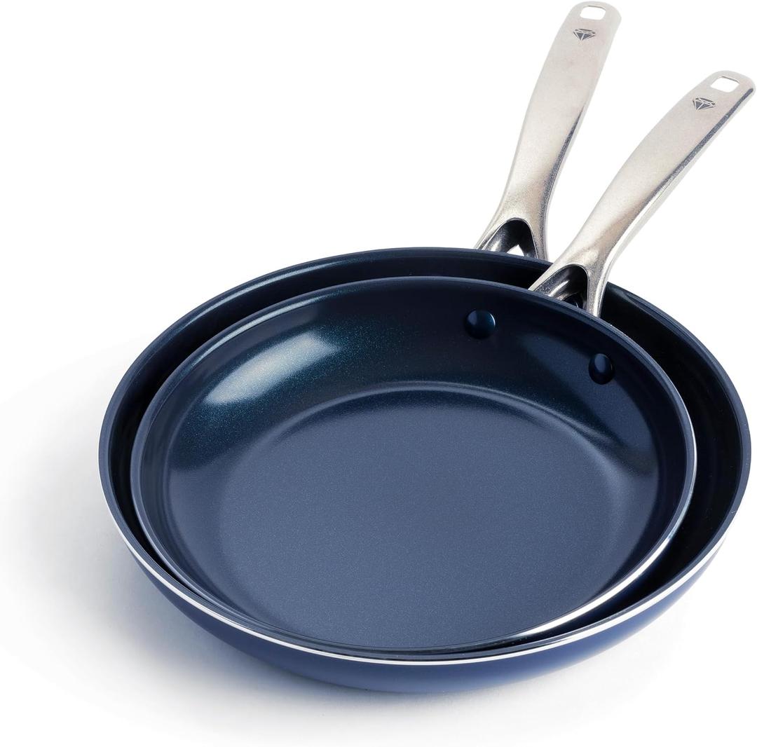 Blue Diamond 9.5 & 11" Nonstick Frying Pan Skillet Set, Diamond Infused PFAS & PTFE-Free Ceramic Pots & Pans, Dishwasher & Oven Safe, Stay Cool Handles, Durable Non Toxic Metal Utensil Safe, Blue