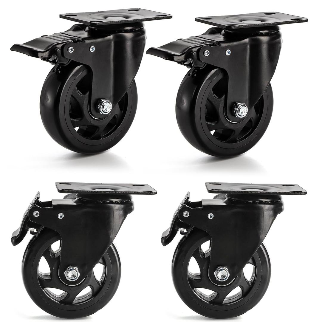 Yarlung 4 Pack 4 Inch Caster Wheels, Heavy Duty Swivel Plate Casters with Brake, 360 Rotating Dual Locking Caster No Noise PVC Wheel for Cart, Furniture, Workbench, Set of 1000 Lbs Load Capacity
