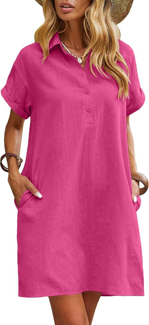 Zeagoo Summer Dresses for Women 2026 Casual Elegant Shift Tunic Cotton Linen Dress with Pockets Hot Pink, XL