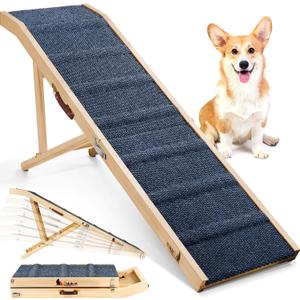 Dog Ramp for Bed, L64 W17 Foldable Pet Ramp for Small Large Dogs Cats, Dog Ramps for High Beds, High Traction with Platform 6 Adjustable Heights 24" to 30" Up to 220LBS, Wood