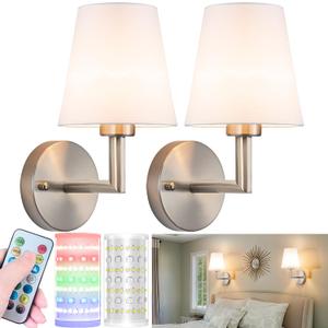 Nekhung Battery Operated Wall Sconces Set of 2, Wireless Wall Light with 10000mAh RGB Dimmable Magnetic Bulb, Rechargeable Wall Sconce with Remote Control for Bedroom Living Room (Nickel-13inch)