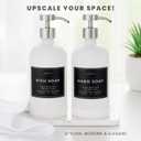 Hand and Dish Soap Dispenser for Kitchen and Bathroom, Set of 2 16 Oz Glass Bottles, Stainless Steel Pumps, Non-Slip Silicone Base, 27 Waterproof Labels (Matte White Bottle/Brushed Silver Pump)