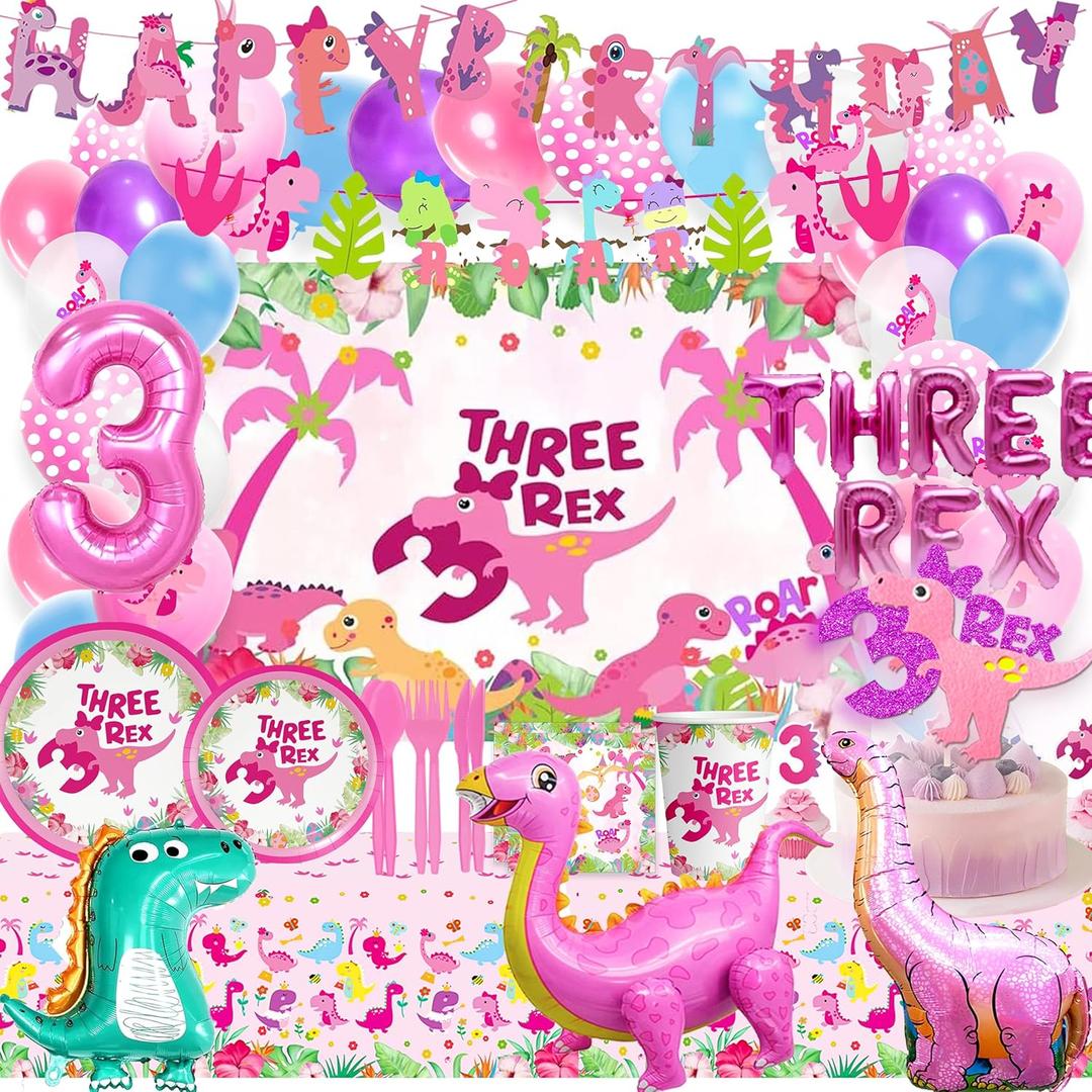 Pink Three Dino Rex Birthday Party Decorations Dinosaur 3rd Birthday Decorations, Three inspired Rex Birthday Party Supplies