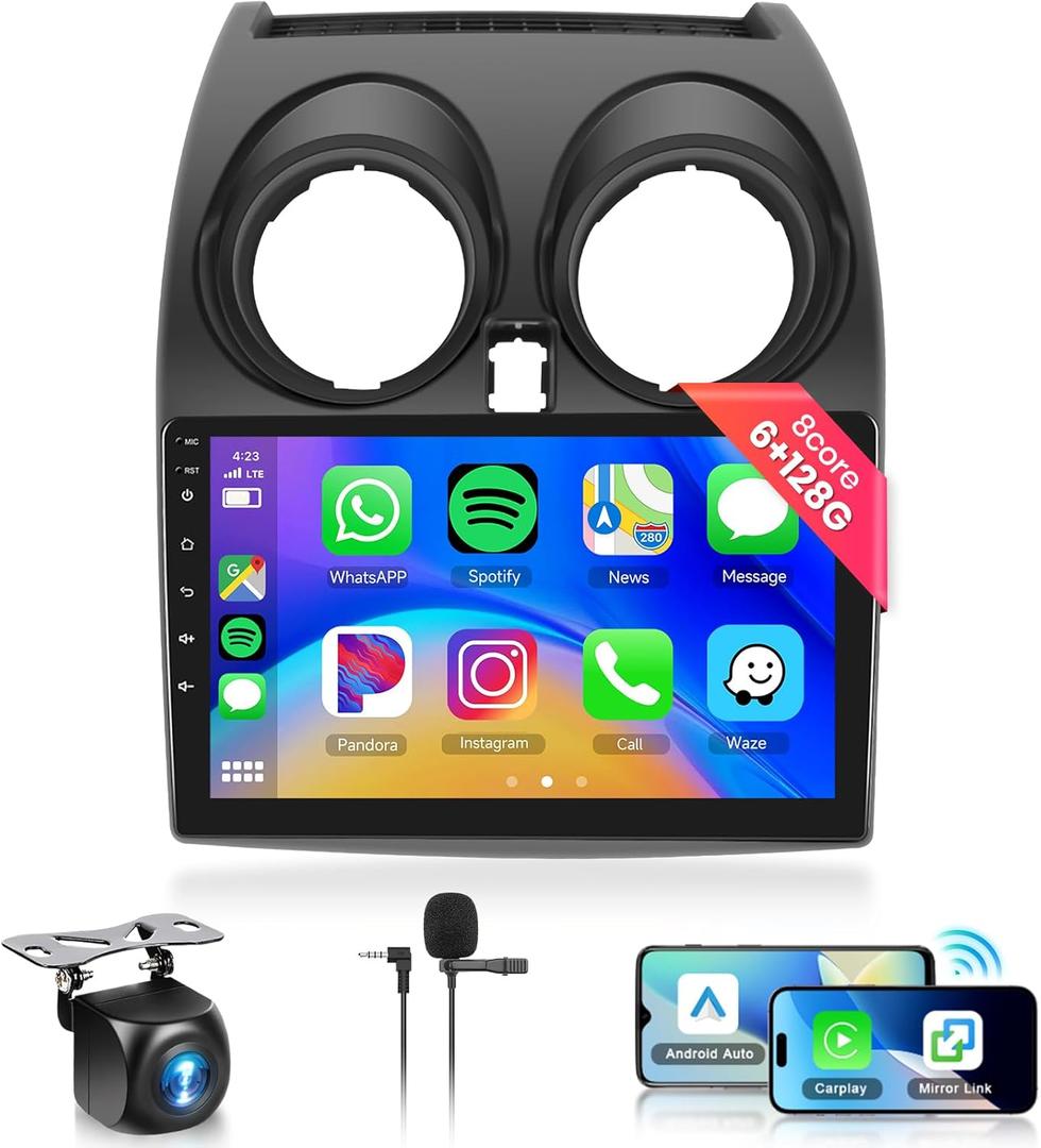 8Core 6+128G Car Stereo for Nissan Rogue Qashqai 2006-2016 𝐰𝐢𝐭𝐡 𝐉-𝐁𝐋 Wireless Carplay Android Auto,9“ IPS Touch Screen,Android/GPS/WiFi/32EQ DSP/59UI/BT5.0/SWC/Backup Camera (Square Hazard)
