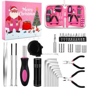 24 Pcs 2025 Pink Christmas Advent Calendar for Teen Girls Women 24 Days Pink Tool Advent Calendar Household Hand Tool Kit Mini Repair Set for Women Household and Office Christmas Xmas Gifts